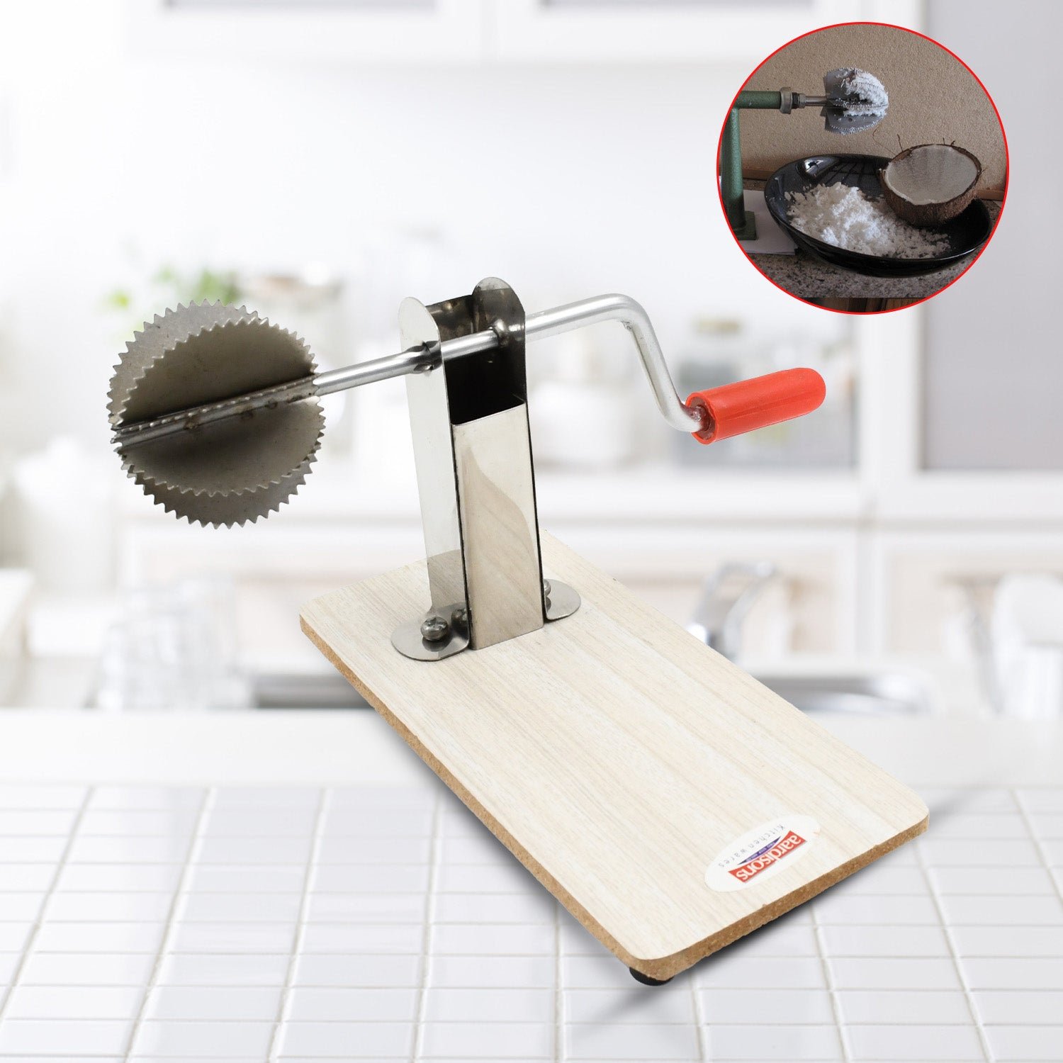 22_8805e4bd-fdbc-4702-9353-0ce8a7112b72.jpg Stainless Steel Coconut Scraper w/ Wooden Base ?Efficient & Durable Grater (1 Pc) - Image 1